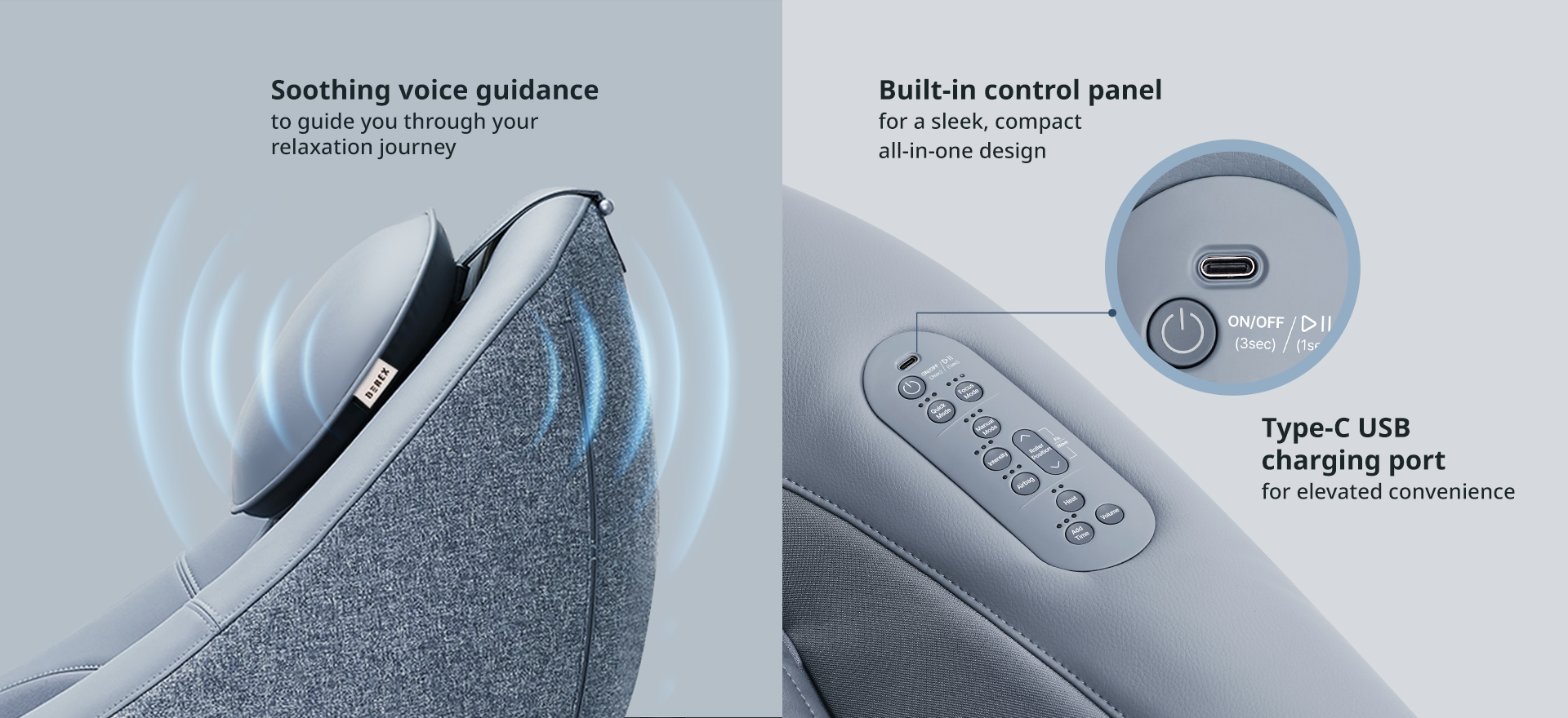 Coway Berex Pebble massage chair with soothing voice guidance, built-in control panel, and Type-C USB charging port
